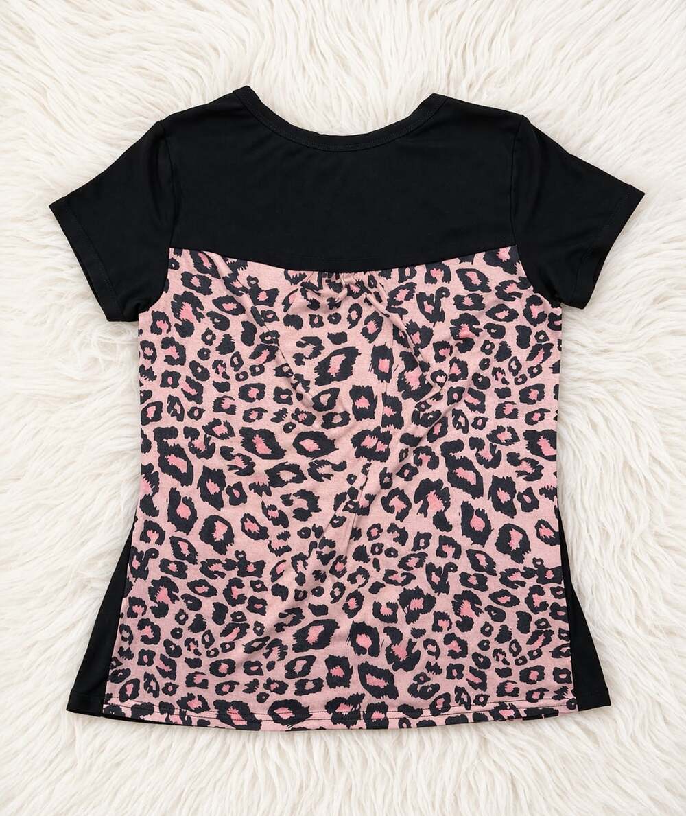 Pink Leopard Pocket Tee | Black Animal Print Top | Boutique Style | Trendy - Picture 2 of 2